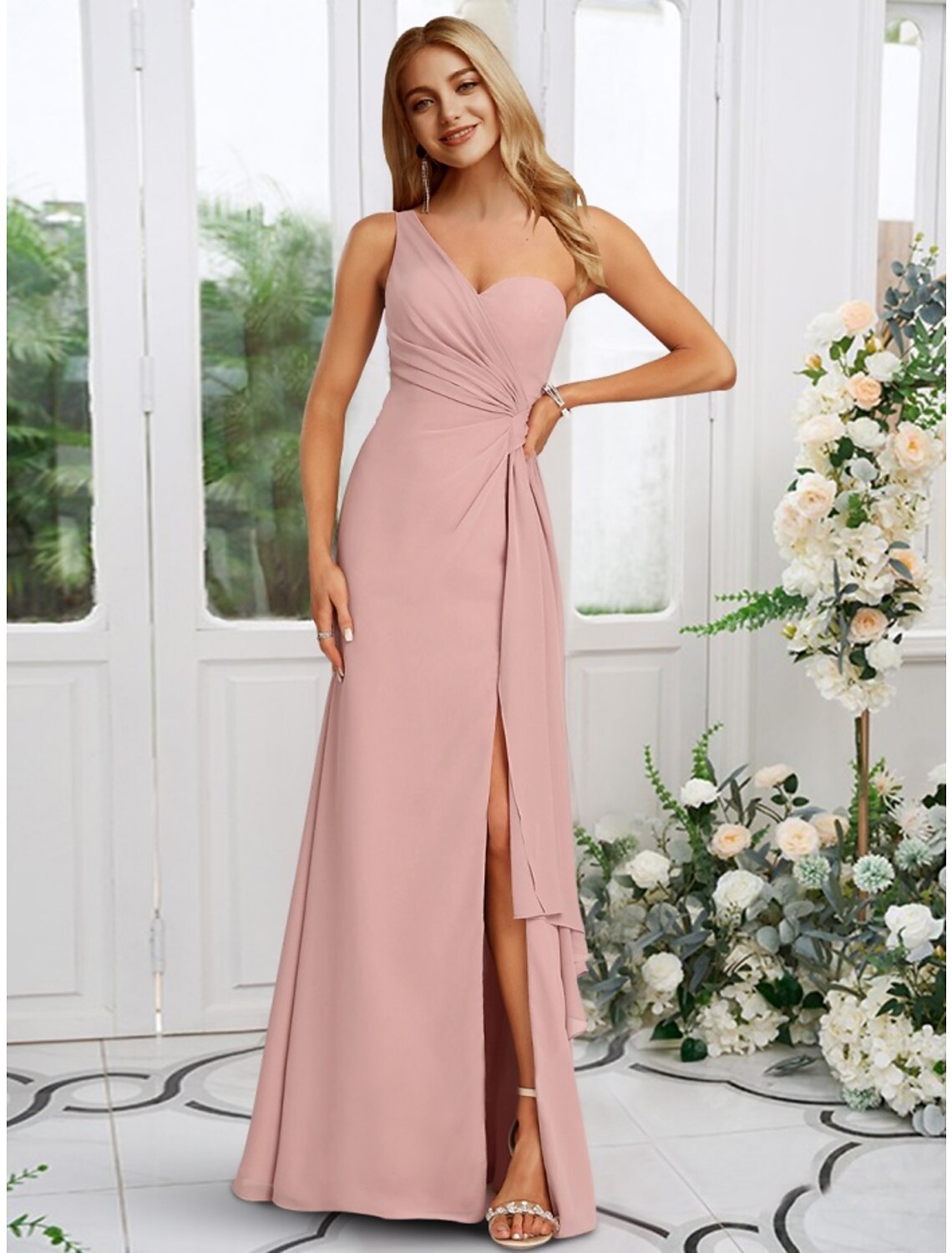 Luolandi A-Line Bridesmaid Dress One Shoulder Sleeveless Elegant Floor Length Chiffon with Split Front